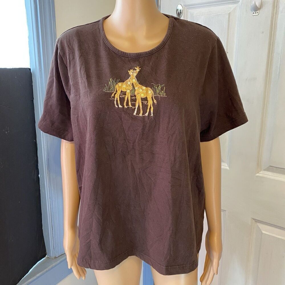 CJ Banks 1X Shirt Top Casual Short Sleeve Round Neck Giraffe Embroidered Safari